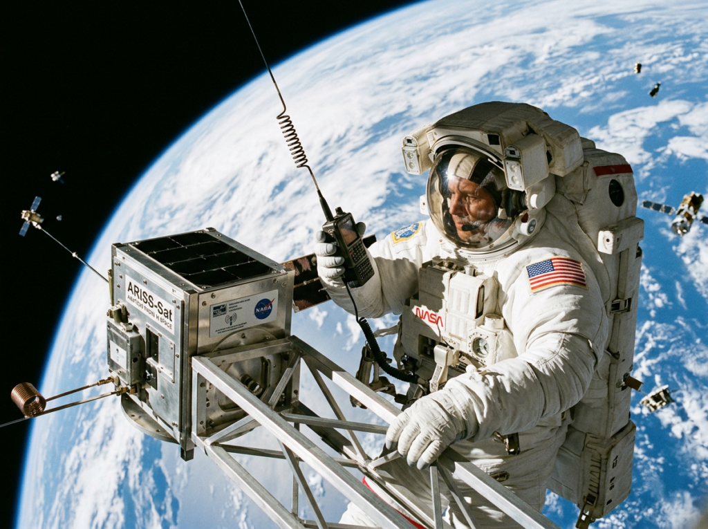 An astronaut in space holding a walkie talkie